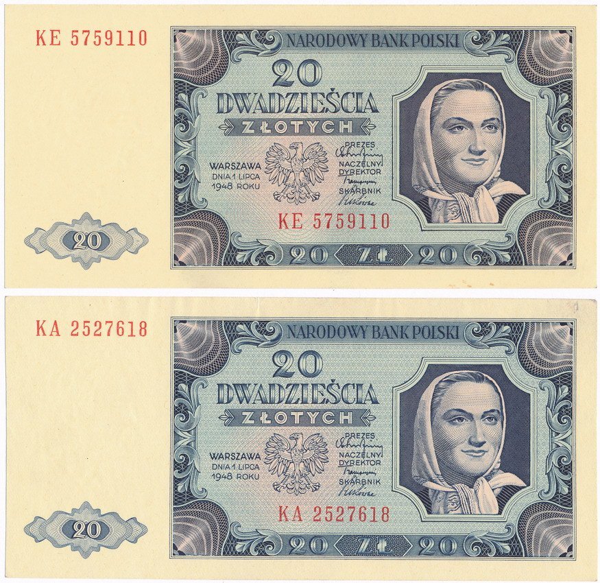 Banknoty Zestaw 2 x 20 złotych 1948